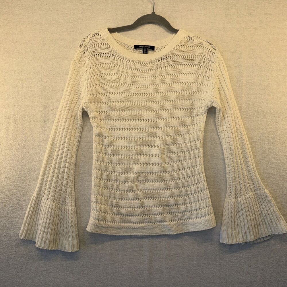 Ellen Tracy Women S Sweater Chunky Knit Crochet Bell Sleeve White Boho Lagenlook